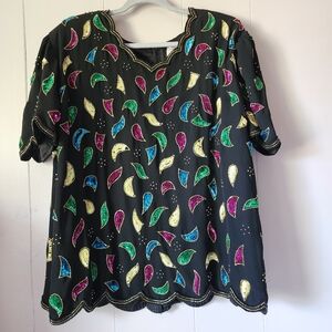 Vintage Creative Touch Beaded Sequin Top Plus 3X Black Multi Party Blouse